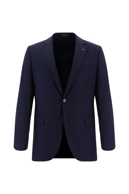 Orta Lacivert 6 Drop Regular Fit Standart Kesim Yünlü Kareli Ceket-Abdullah Ki??l?