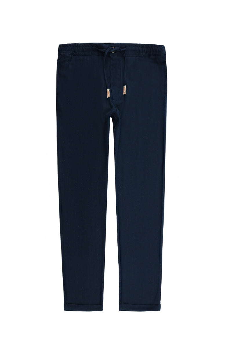 Orta Lacivert Regular Fit Standart Kesim Beli Lastikli ?pli Pamuklu Keten Pantolon-Abdullah Ki??l?