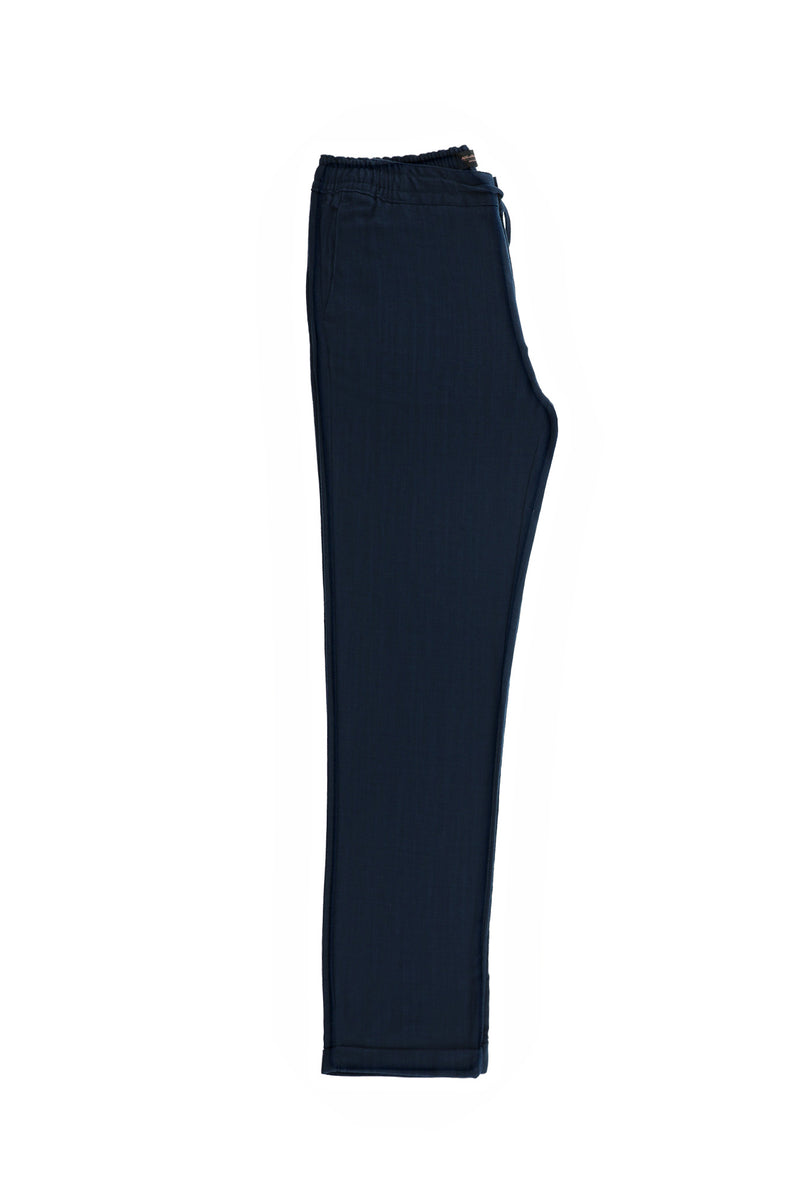 Orta Lacivert Regular Fit Standart Kesim Beli Lastikli ?pli Pamuklu Keten Pantolon-Abdullah Ki??l?