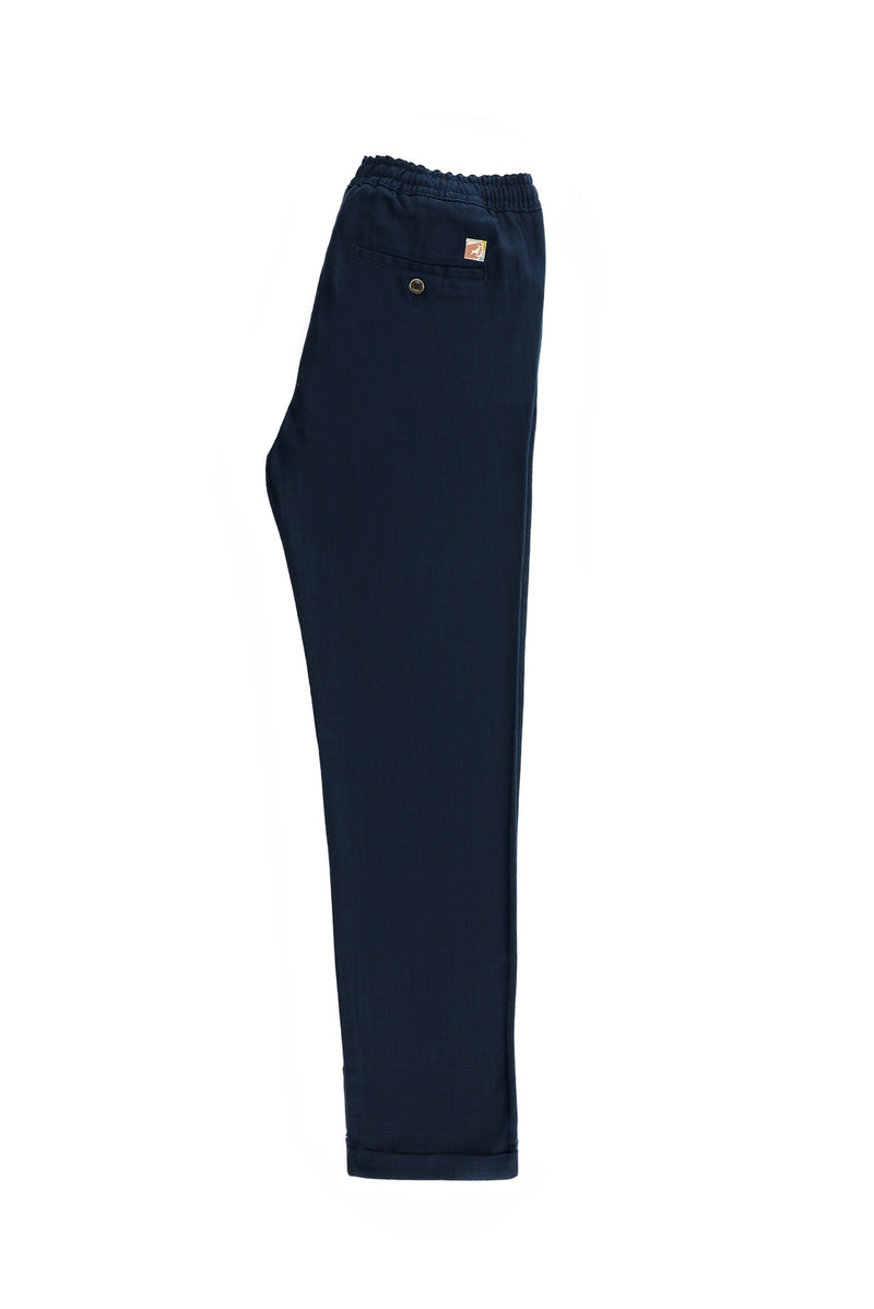 Orta Lacivert Regular Fit Standart Kesim Beli Lastikli ?pli Pamuklu Keten Pantolon-Abdullah Ki??l?
