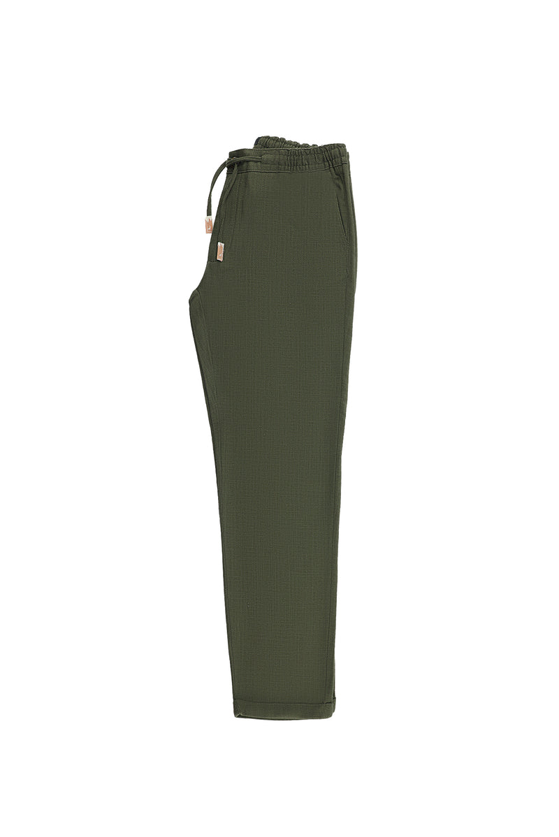 Orta Haki Regular Fit Standart Kesim Beli Lastikli ?pli Pamuklu Keten Pantolon-Abdullah Ki??l?