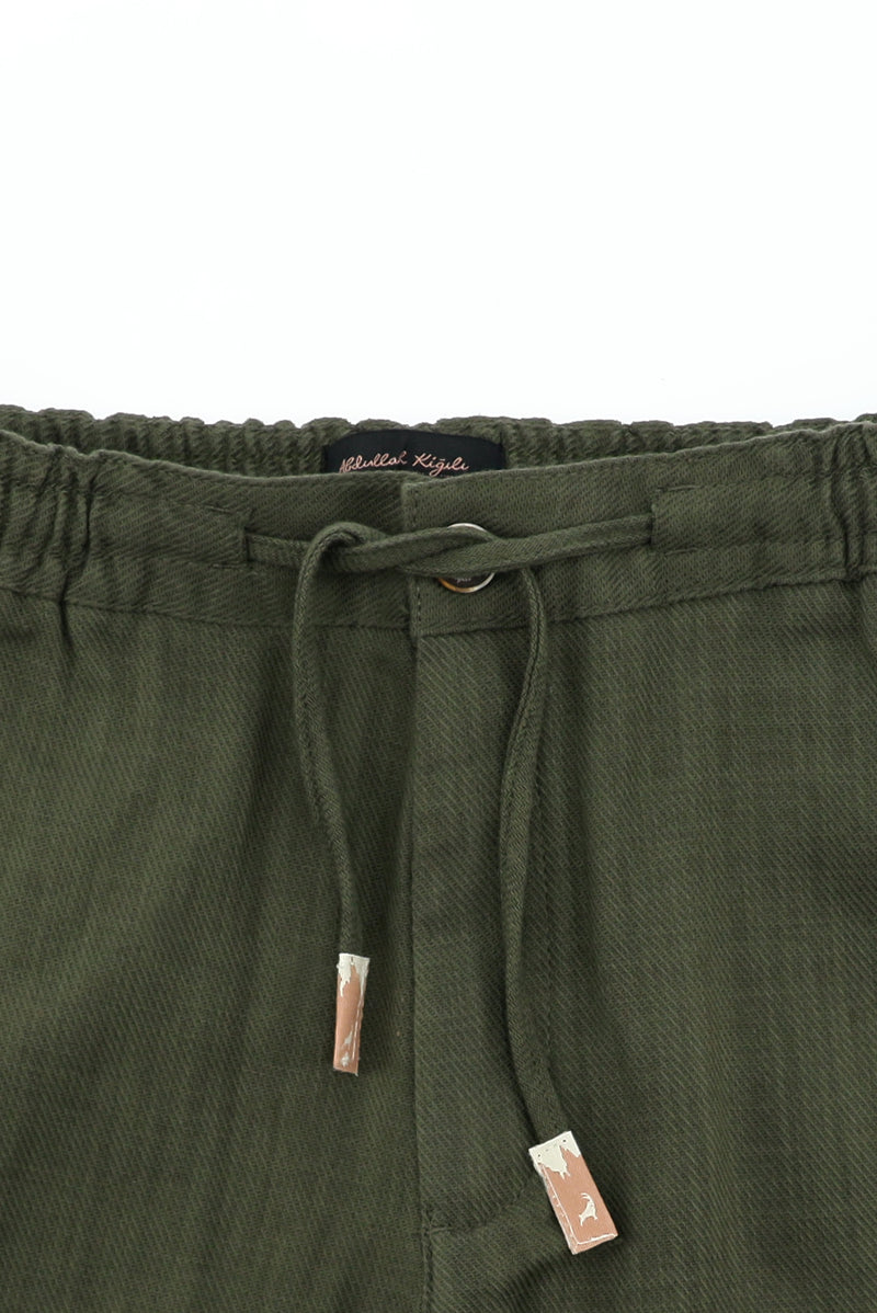 Orta Haki Regular Fit Standart Kesim Beli Lastikli ?pli Pamuklu Keten Pantolon-Abdullah Ki??l?