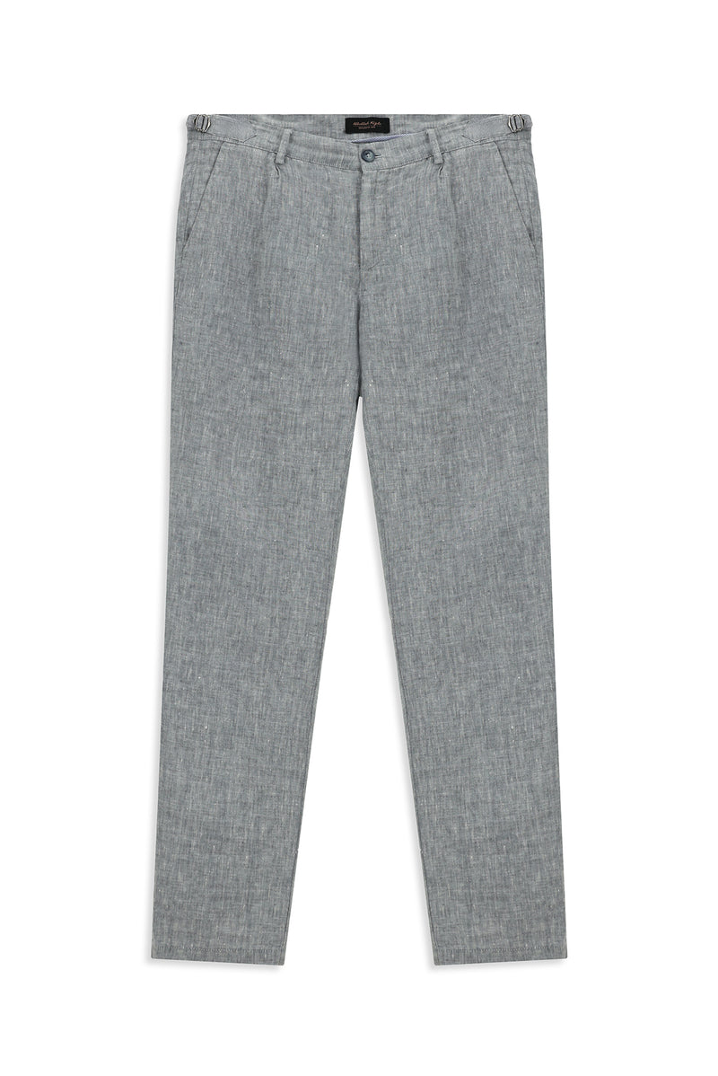 Açık Mavi Slim Fit Dar Kesim Tokalı Keten Klasik Kumaş Pantolon