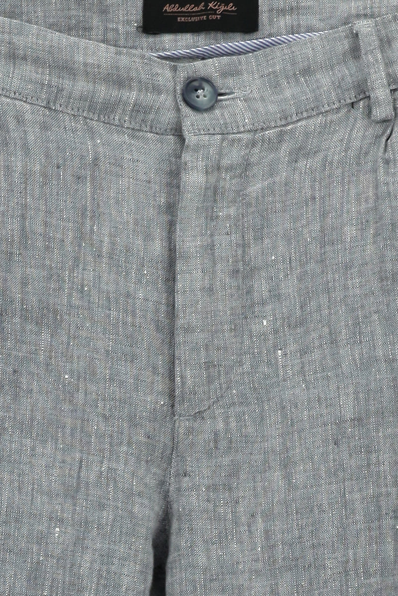 Açık Mavi Slim Fit Dar Kesim Tokalı Keten Klasik Kumaş Pantolon