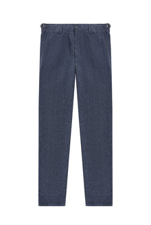 Koyu Mavi  Slim Fit Dar Kesim Tokalı Keten Klasik Kumaş Pantolon