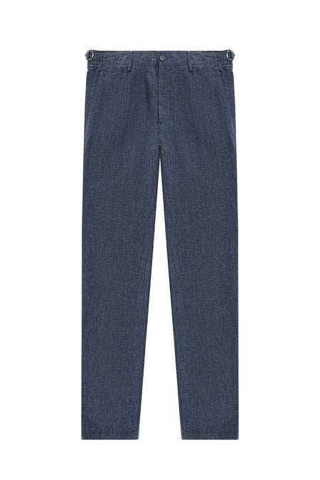 Koyu Mavi  Slim Fit Dar Kesim Tokalı Keten Klasik Kumaş Pantolon