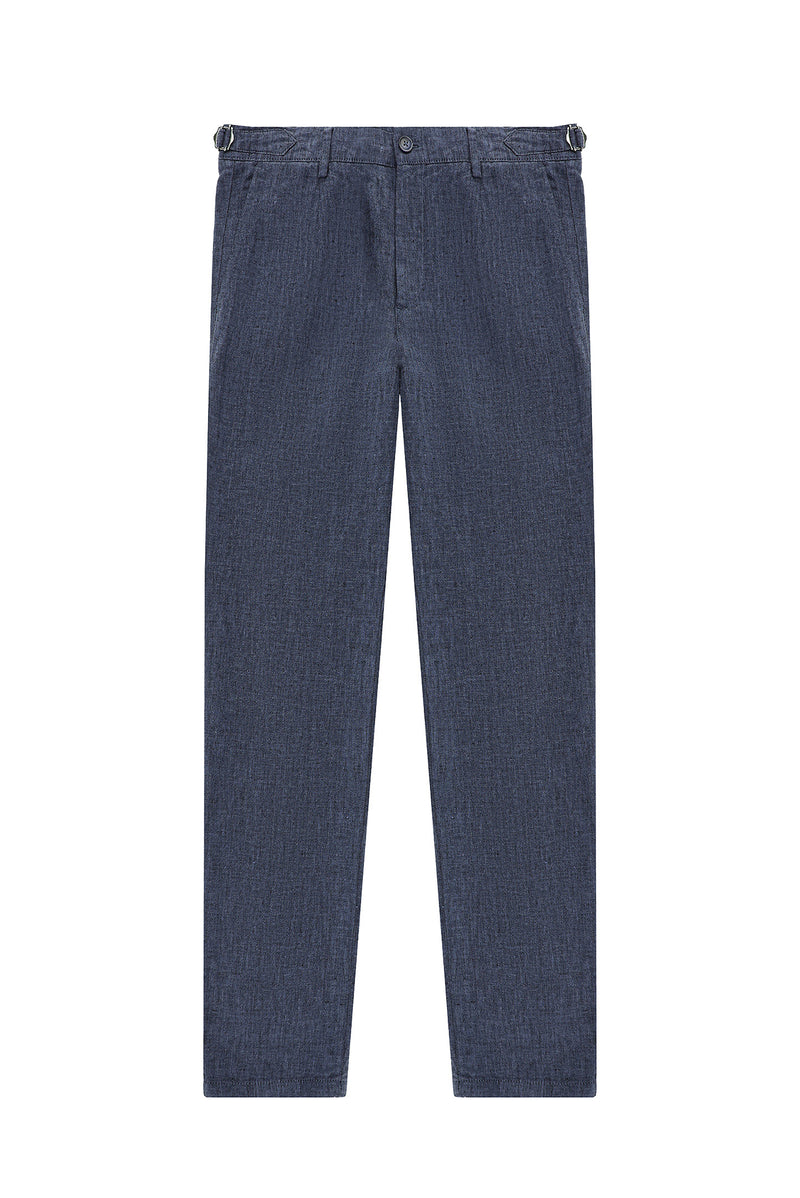 Koyu Mavi  Slim Fit Dar Kesim Tokalı Keten Klasik Kumaş Pantolon