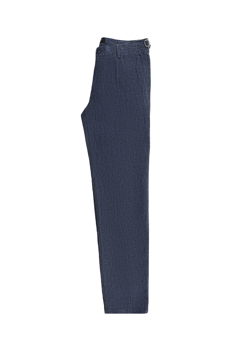 Koyu Mavi  Slim Fit Dar Kesim Tokalı Keten Klasik Kumaş Pantolon