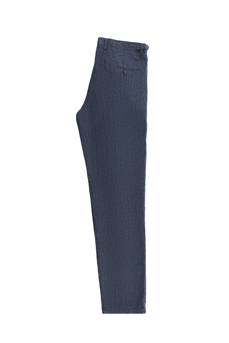 Koyu Mavi  Slim Fit Dar Kesim Tokalı Keten Klasik Kumaş Pantolon