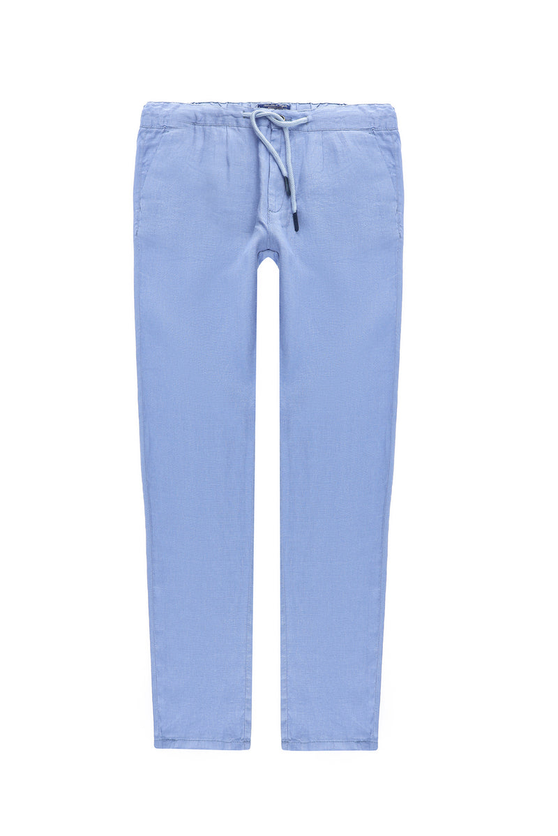 Uçuk Mavi Regular Fit Beli Lastikli İpli Keten Pantolon