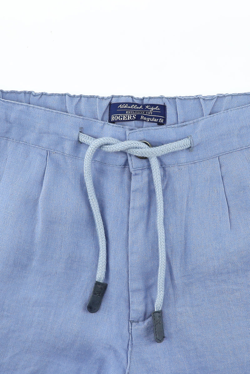 Uçuk Mavi Regular Fit Beli Lastikli İpli Keten Pantolon
