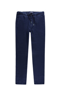 Saks Mavi Regular Fit Beli Lastikli İpli Keten Pantolon
