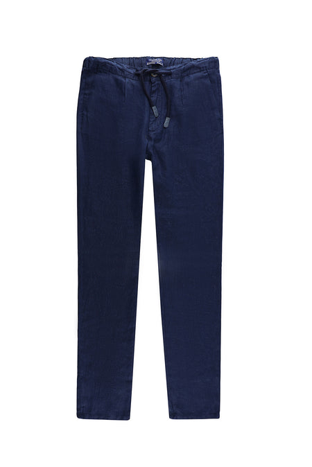 Saks Mavi Regular Fit Beli Lastikli İpli Keten Pantolon