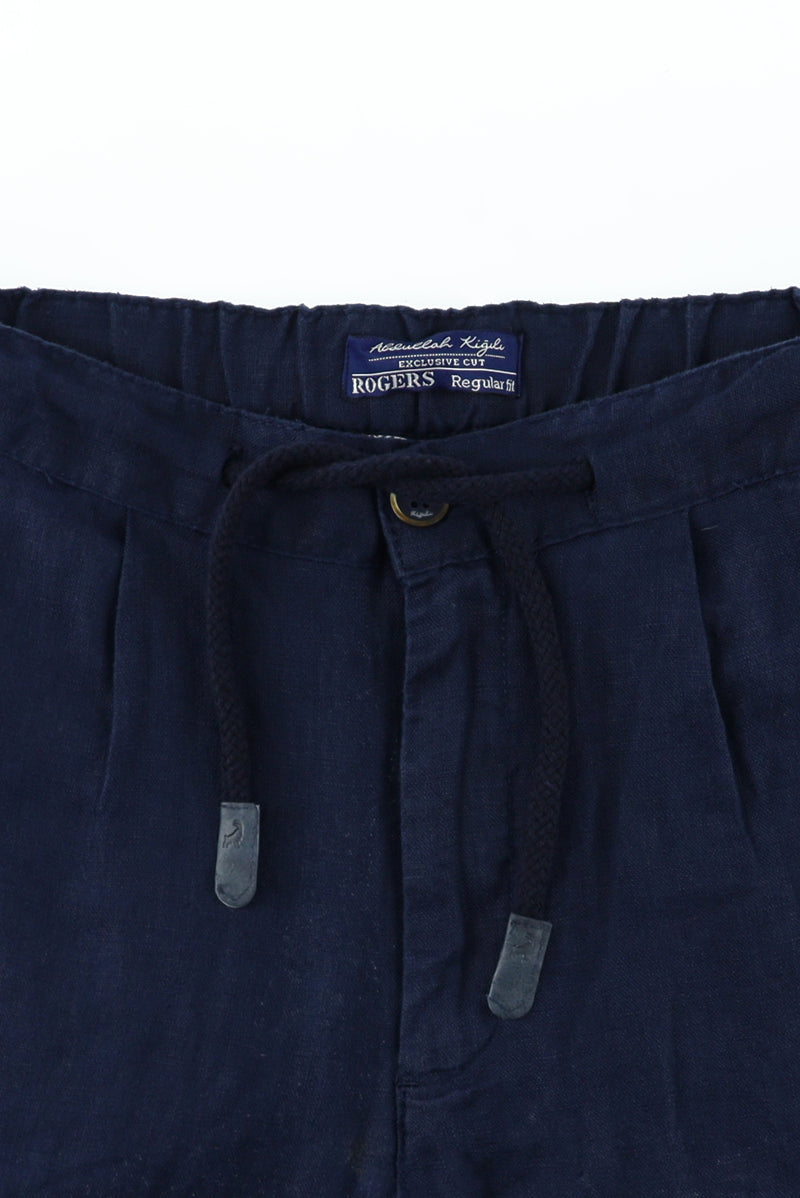 Saks Mavi Regular Fit Beli Lastikli İpli Keten Pantolon