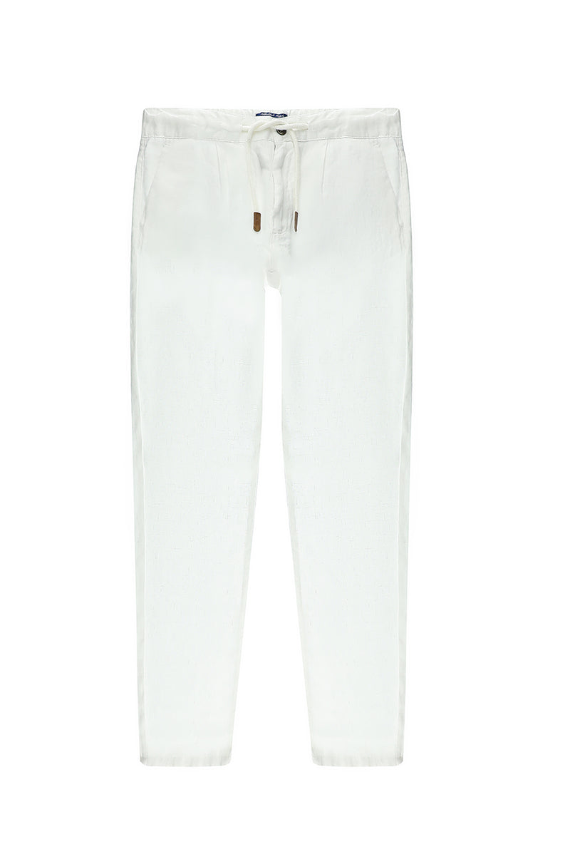 Beyaz Regular Fit Beli Lastikli İpli Keten Pantolon