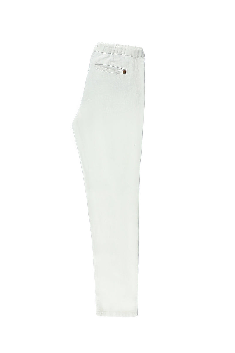 Beyaz Regular Fit Beli Lastikli İpli Keten Pantolon