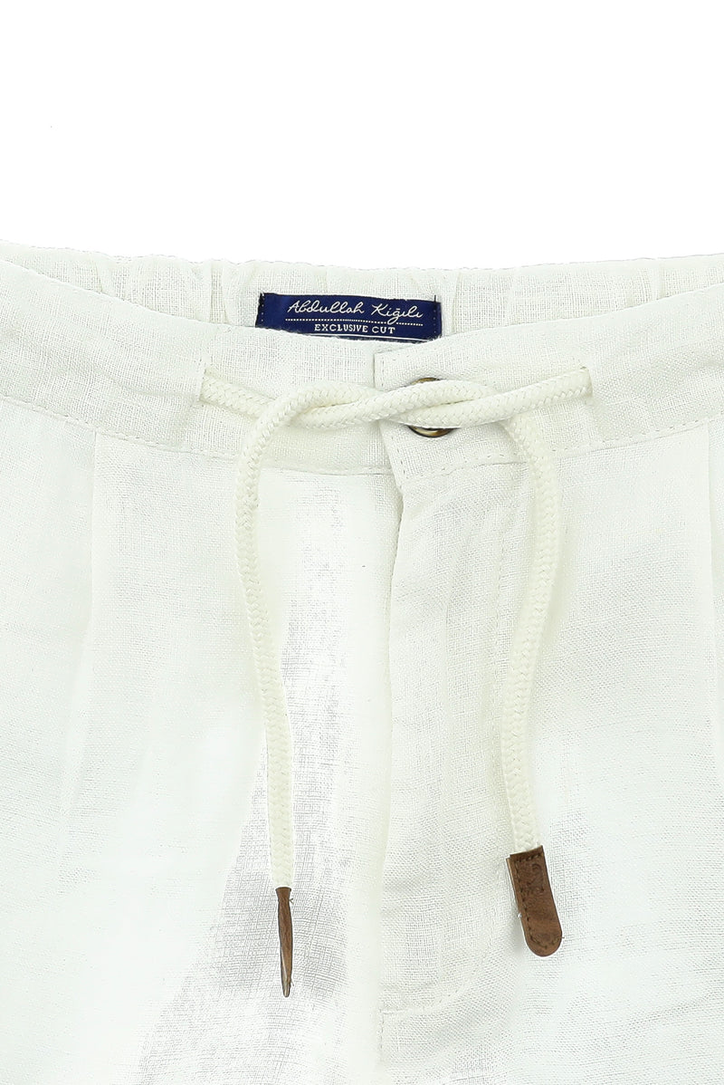 Beyaz Regular Fit Beli Lastikli İpli Keten Pantolon