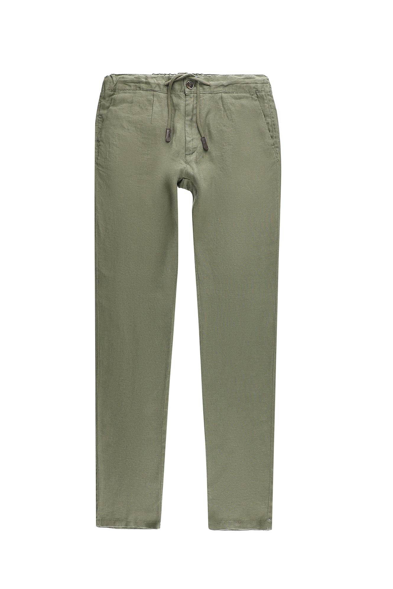 Orta Haki Regular Fit Beli Lastikli İpli Keten Pantolon