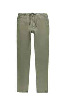 Orta Haki Regular Fit Beli Lastikli İpli Keten Pantolon
