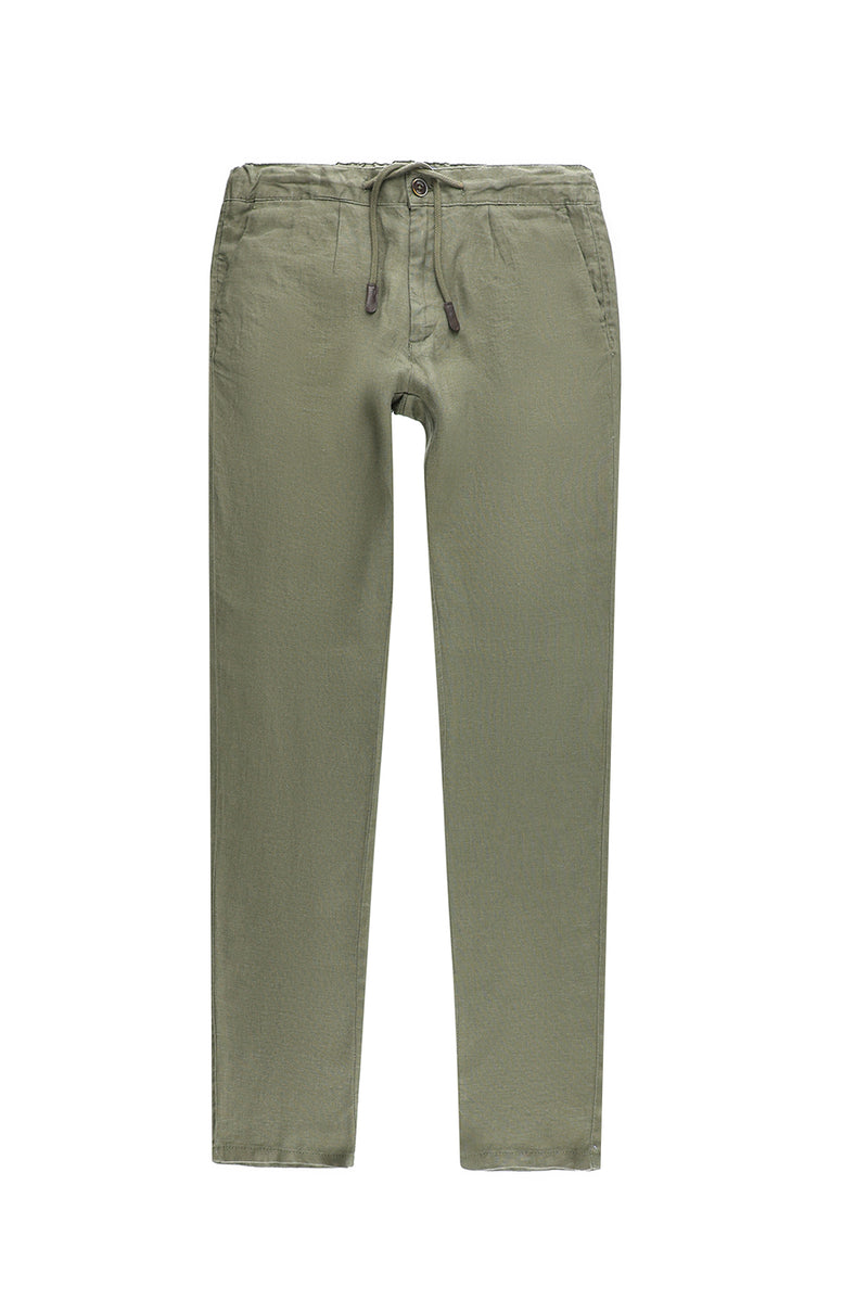 Orta Haki Regular Fit Beli Lastikli İpli Keten Pantolon