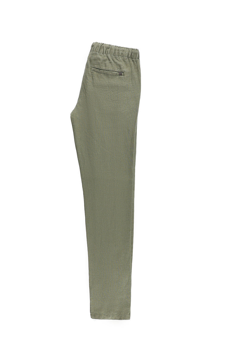 Orta Haki Regular Fit Beli Lastikli İpli Keten Pantolon