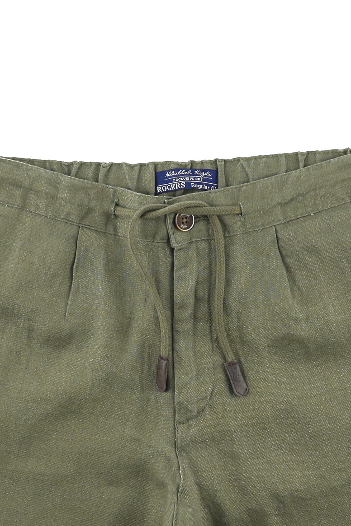 Orta Haki Regular Fit Beli Lastikli İpli Keten Pantolon