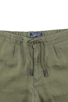 Orta Haki Regular Fit Beli Lastikli İpli Keten Pantolon