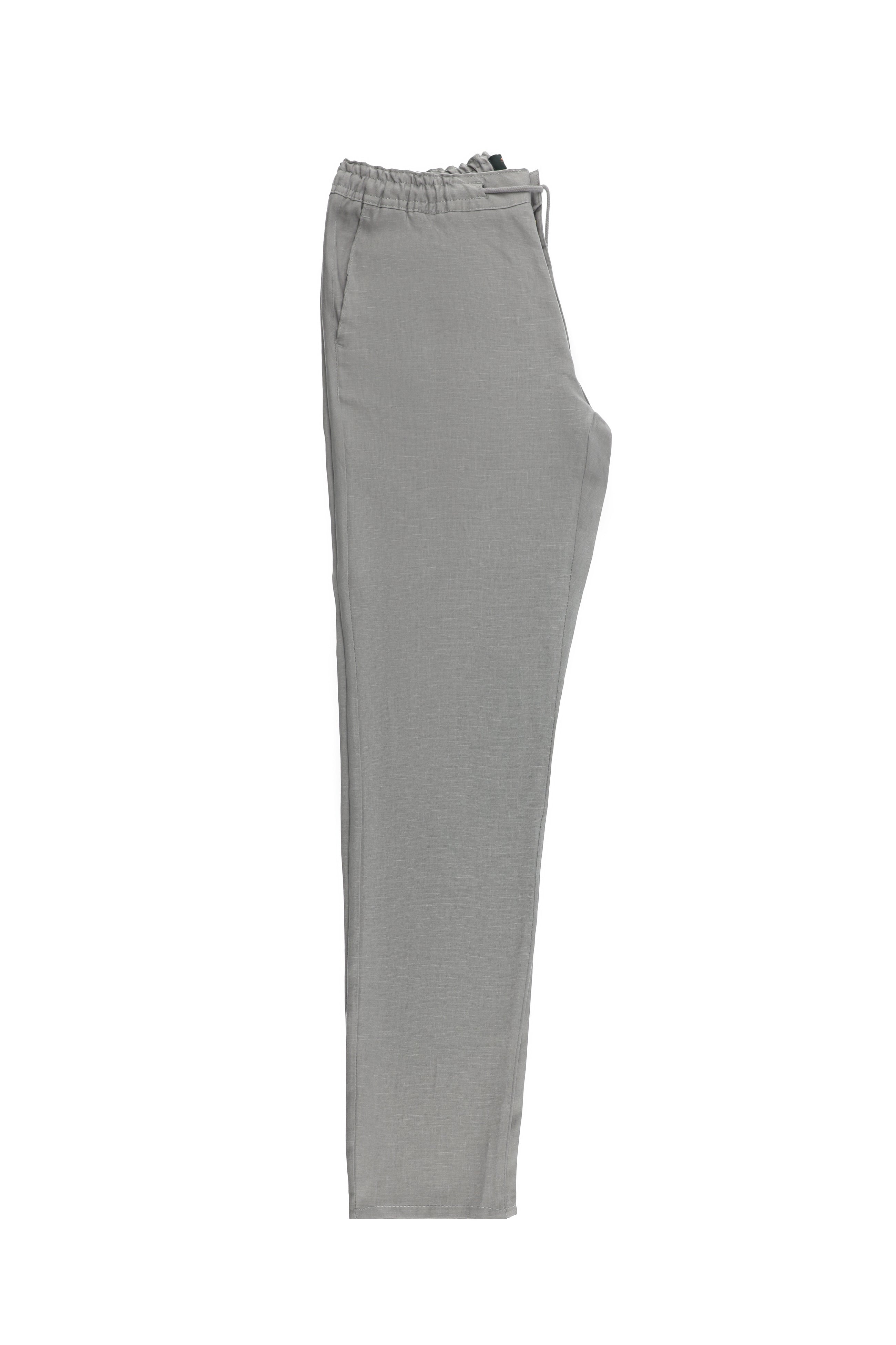 Orta Gri Regular Fit Beli Lastikli İpli Keten Pantolon