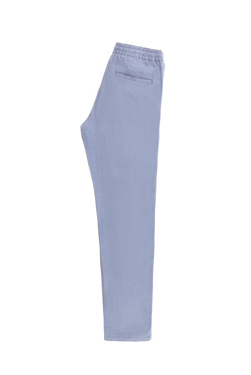 Açık Mavi Regular Fit Beli Lastikli İpli Keten Pantolon