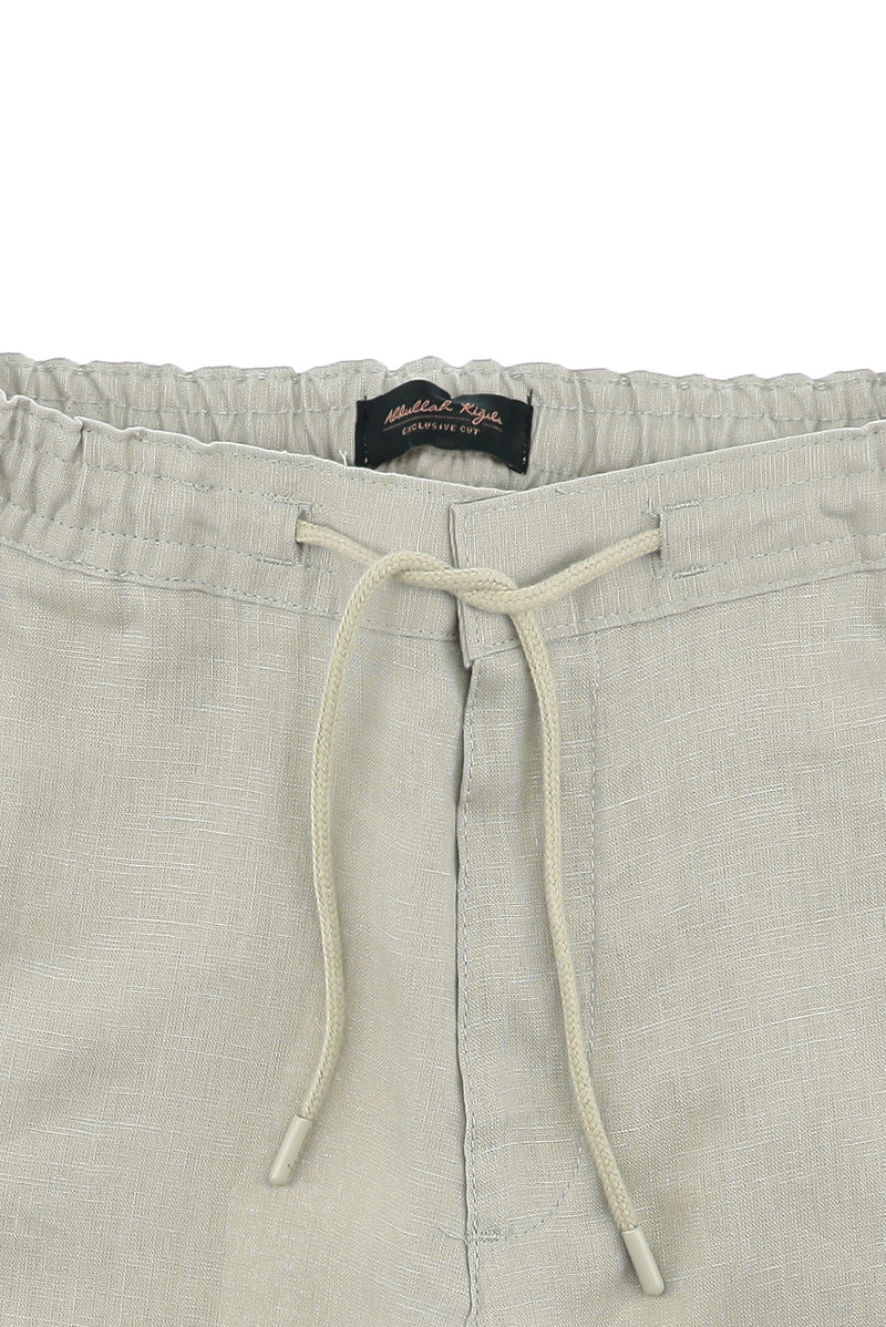 Krem Regular Fit Standart Kesim Beli Lastikli ?pli Keten Pantolon-Abdullah Ki??l?