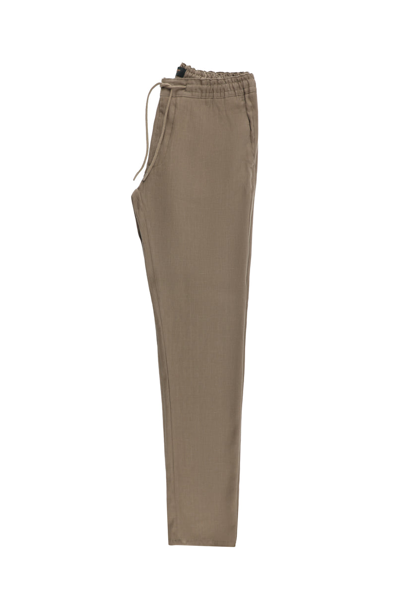 Koyu Vizon Regular Fit Beli Lastikli İpli Keten Pantolon