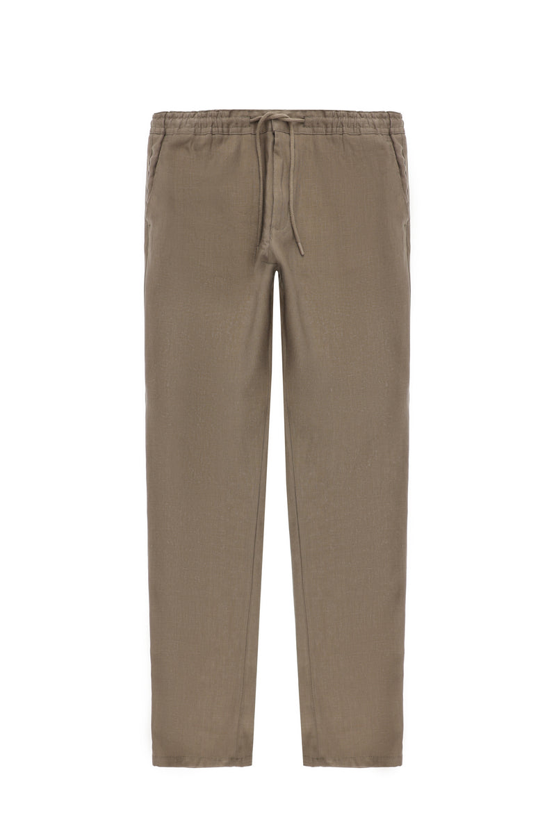 Koyu Vizon Regular Fit Beli Lastikli İpli Keten Pantolon