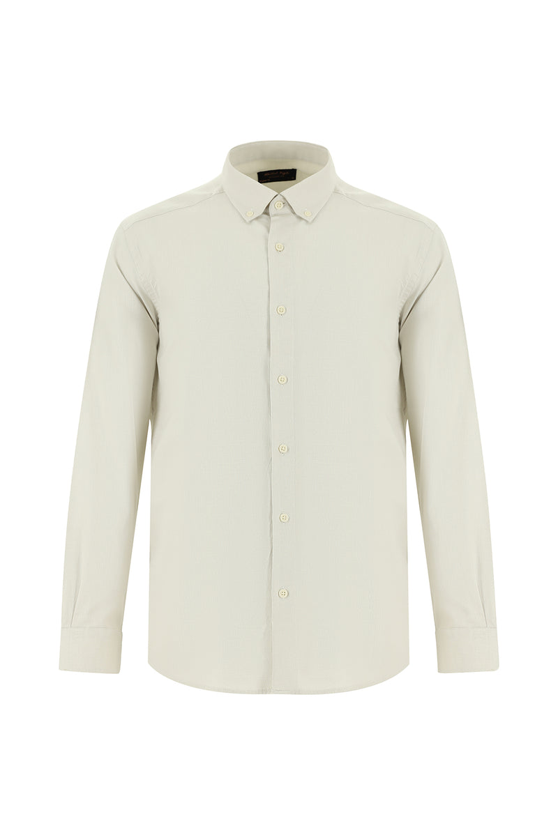 Ekru Uzun Kol Regular Fit Desenli Spor Pamuk Gömlek