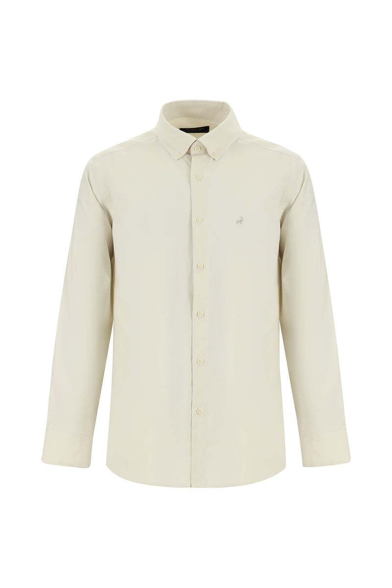 Ekru Uzun Kol Regular Fit Oxford Spor Pamuk Gömlek