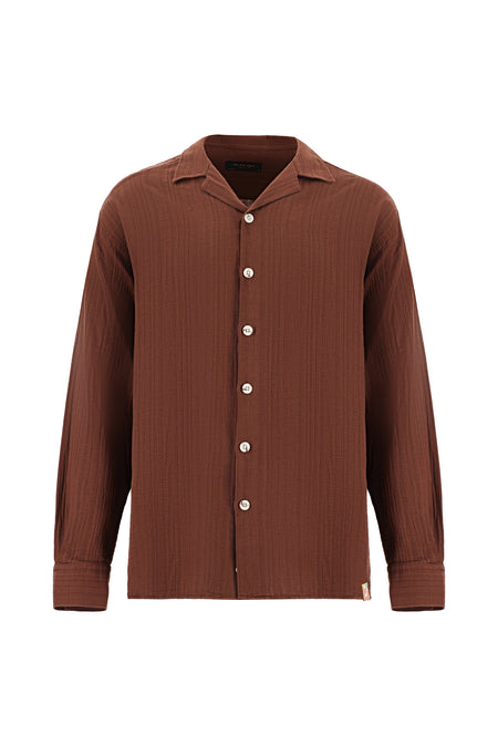 Ac? Kahve Uzun Kol Oversize Müslin Gömlek-Abdullah Ki??l?