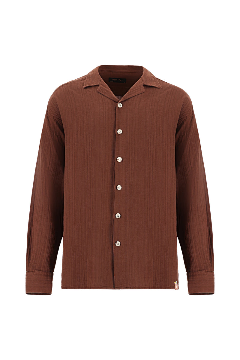 Acı Kahve Uzun Kol Oversize Müslin Pamuklu Keten Gömlek