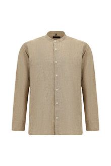 Açık Kahve  Uzun Kol Hakim Yaka Regular Fit Spor Pamuklu Keten Gömlek