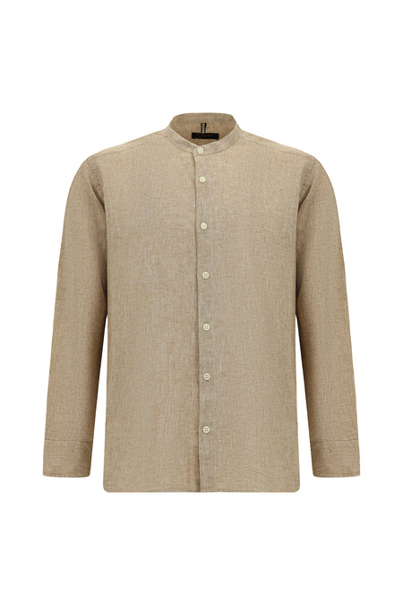 Açık Kahve  Uzun Kol Hakim Yaka Regular Fit Spor Pamuklu Keten Gömlek