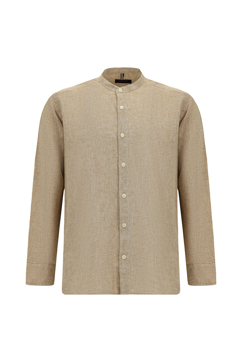 Açık Kahve  Uzun Kol Hakim Yaka Regular Fit Spor Pamuklu Keten Gömlek