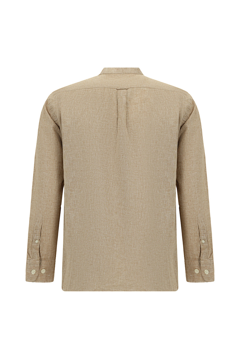 Açık Kahve  Uzun Kol Hakim Yaka Regular Fit Spor Pamuklu Keten Gömlek