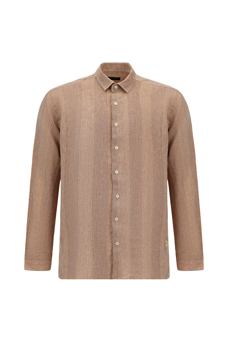 Kiremit Uzun Kol Regular Fit Desenli Keten Gömlek