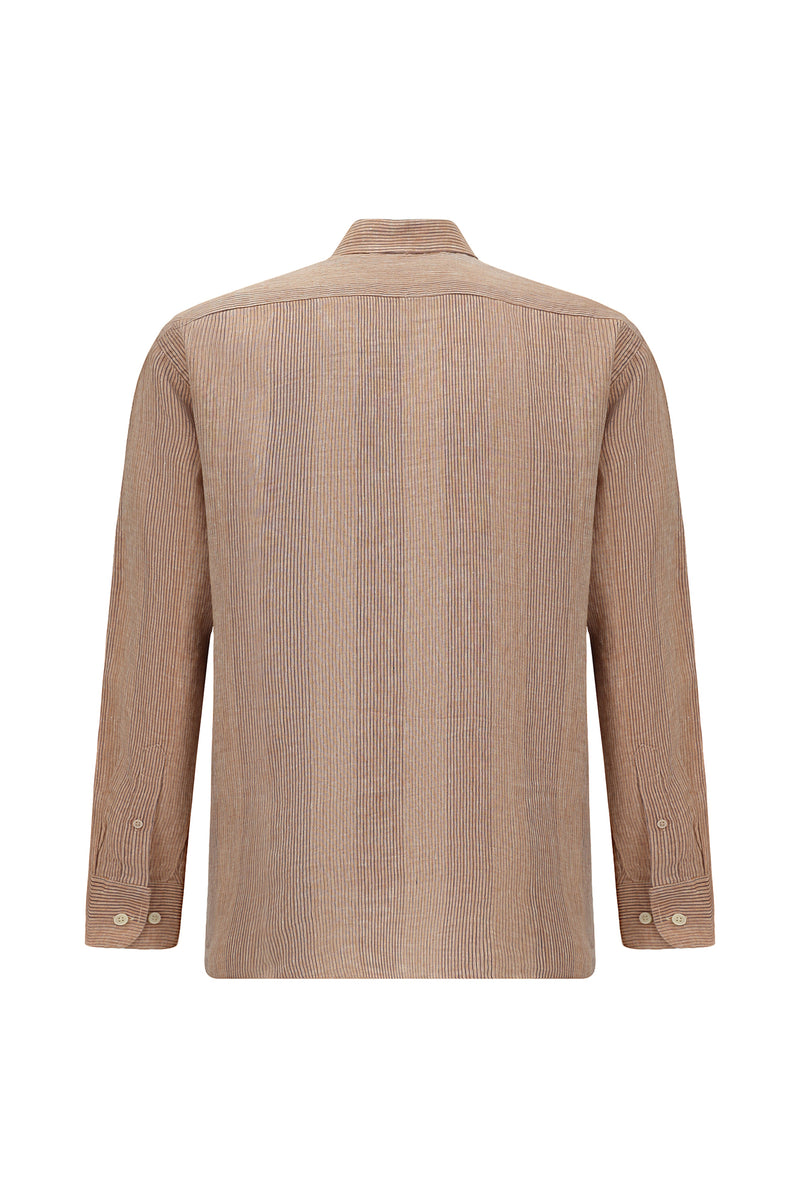 Kiremit Uzun Kol Regular Fit Desenli Keten Gömlek