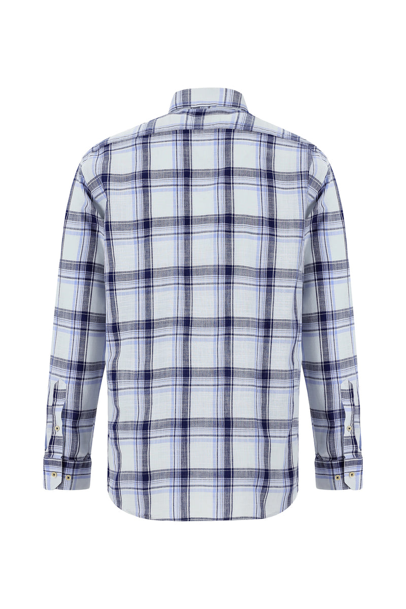 Orta Lacivert Uzun Kol Regular Fit Ekose Keten Gömlek