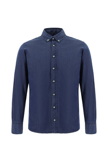İndigo Uzun Kol Slim Fit Dar Kesim Pamuk Denim Gömlek