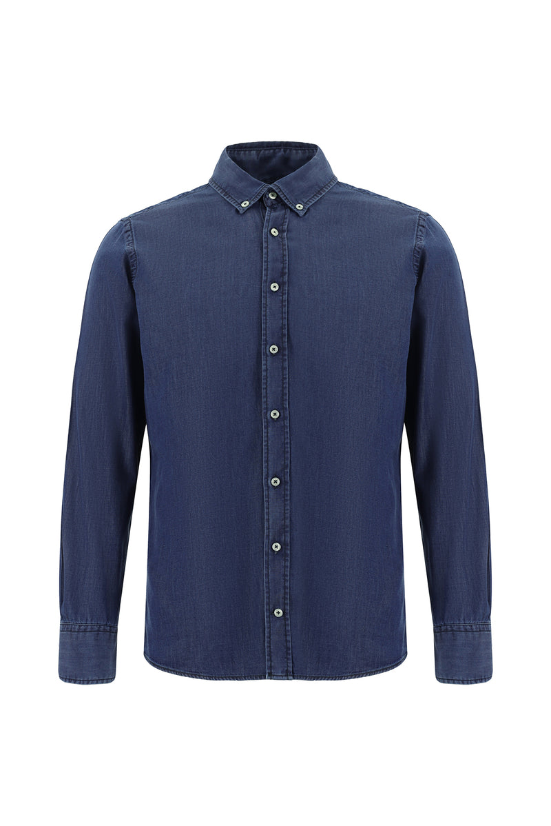 İndigo Uzun Kol Slim Fit Dar Kesim Pamuk Denim Gömlek