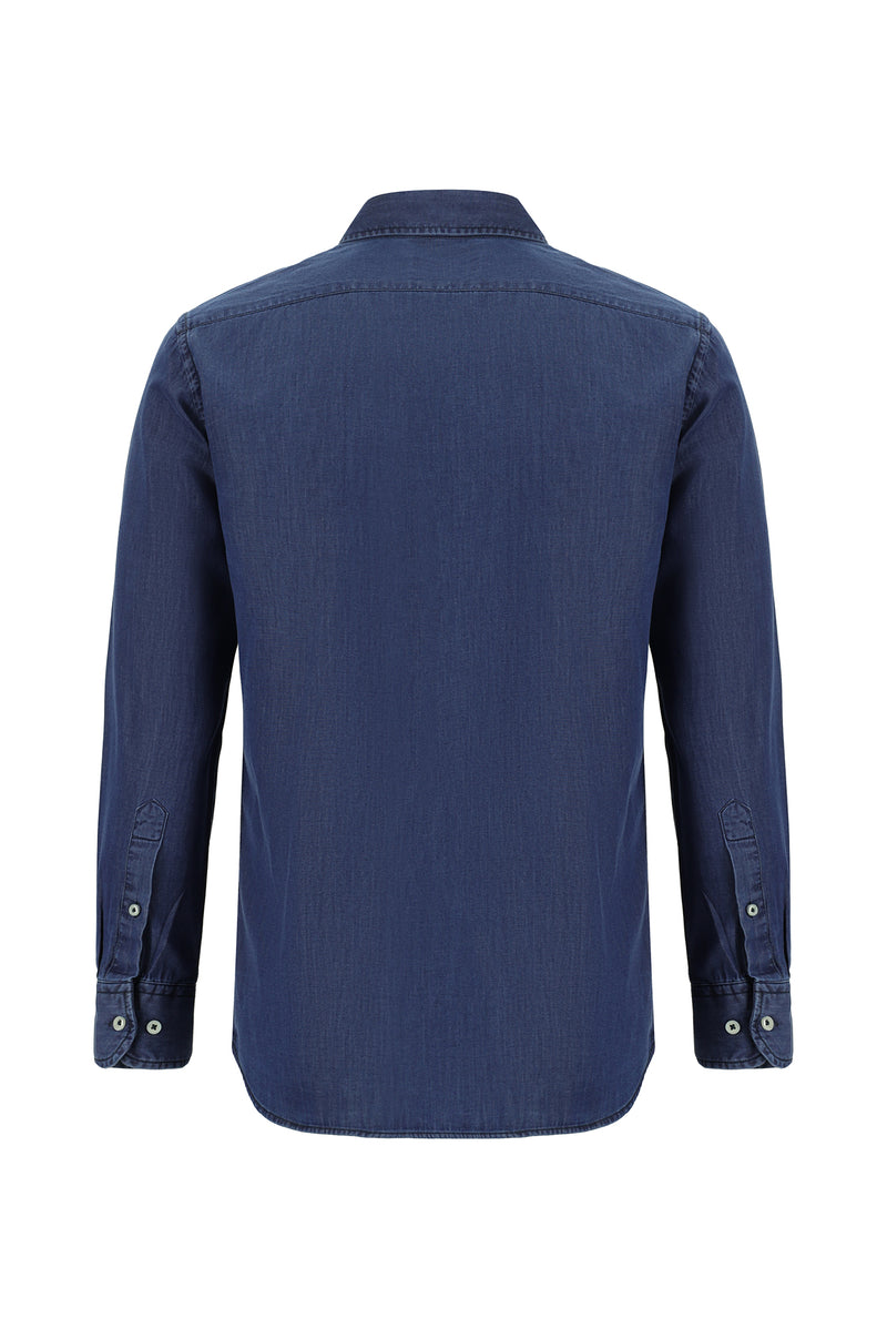 İndigo Uzun Kol Slim Fit Dar Kesim Pamuk Denim Gömlek