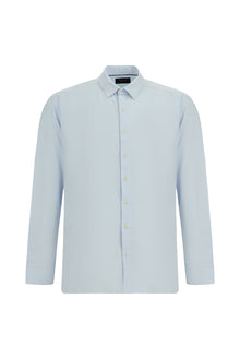 Açık Mavi Uzun Kol Slim Fit Dar Kesim Pamuklu Keten Gömlek