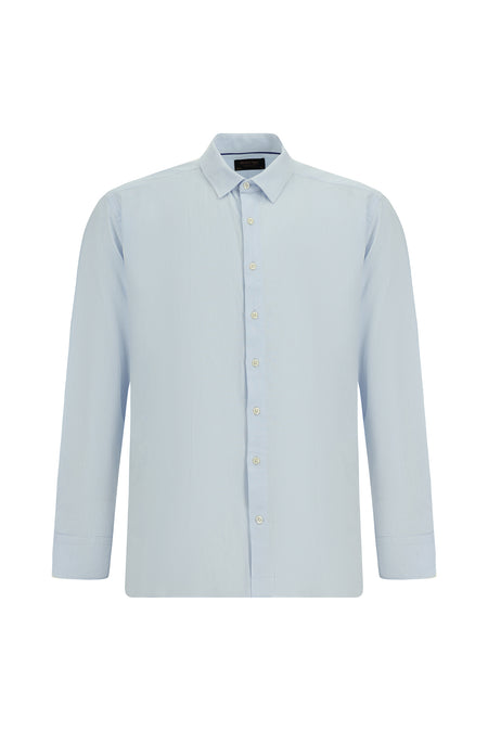 Açık Mavi Uzun Kol Slim Fit Dar Kesim Pamuklu Keten Gömlek