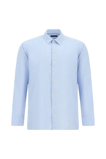 Mavi Uzun Kol Slim Fit Dar Kesim Pamuklu Keten Gömlek