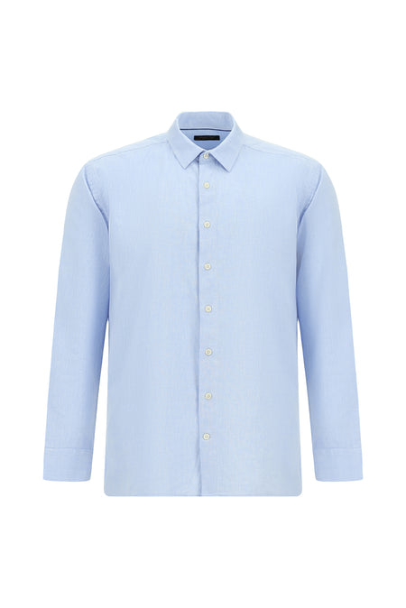 Mavi Uzun Kol Slim Fit Dar Kesim Pamuklu Keten Gömlek